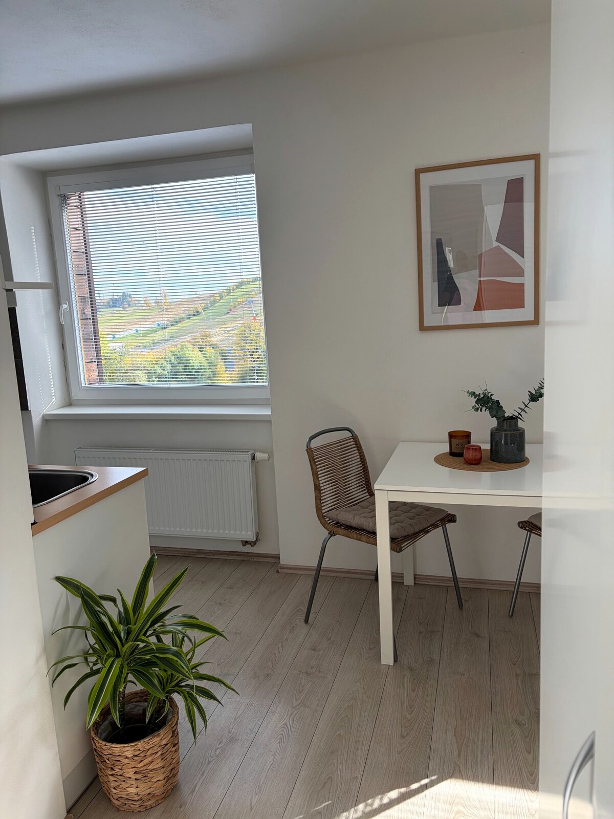 Jídelní kout apartmánu 1+kk u okna
